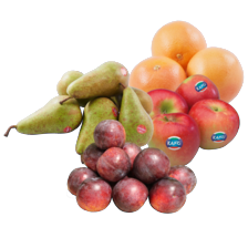 Conference peren schaal à 1 kilo,
grapefruit net à 4 stuks,
Kanzi appels zak à 1 kilo,
of pruimen schaal à 500 gram